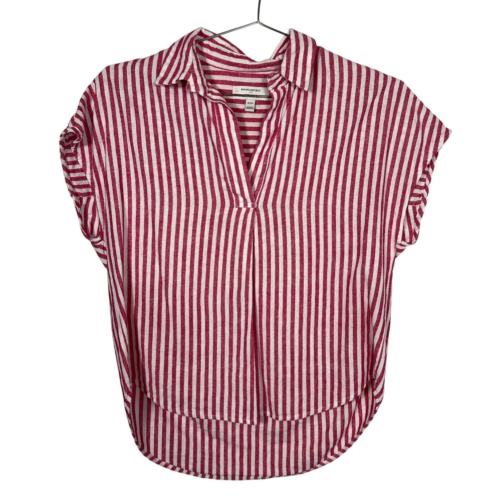 Banana Republic Coastal Pink Striped Blouse Linen Blend V-Neck Cap Sleeve XS Top